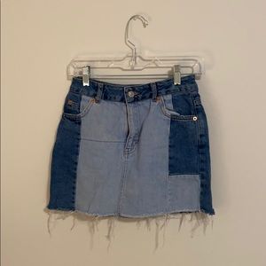 Denim patchwork skirt with frayed bottom